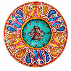 Leather Wall Clock With Colourful Hand Painted Peacock Design