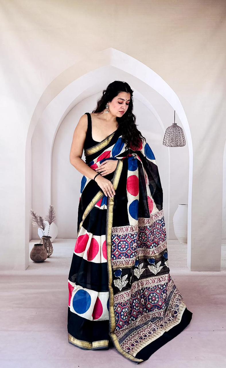 New Exclusive Traditional Hand Block Printed Maheswari Silk Saree With Blouse Piece