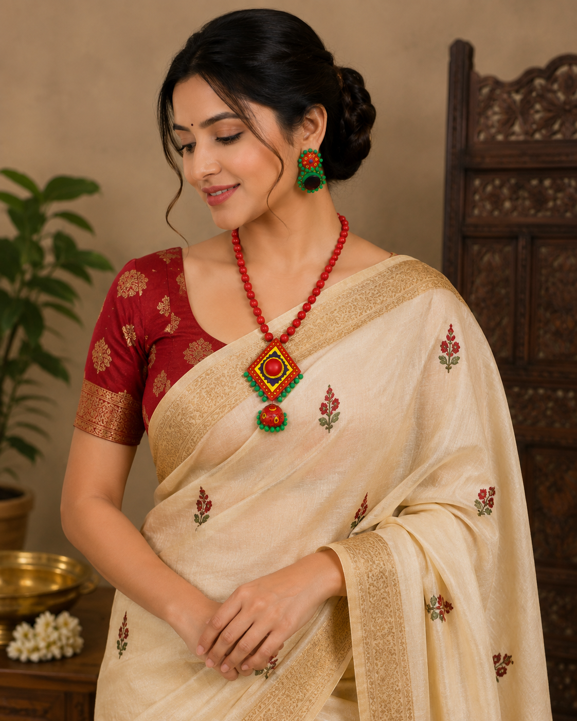 Multi-color Bankura Panchmura Terracotta Craft Necklace Jewellery Set