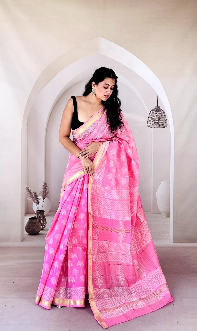 New Exclusive Traditional Hand Block Printed Maheswari Silk Saree With Blouse Piece