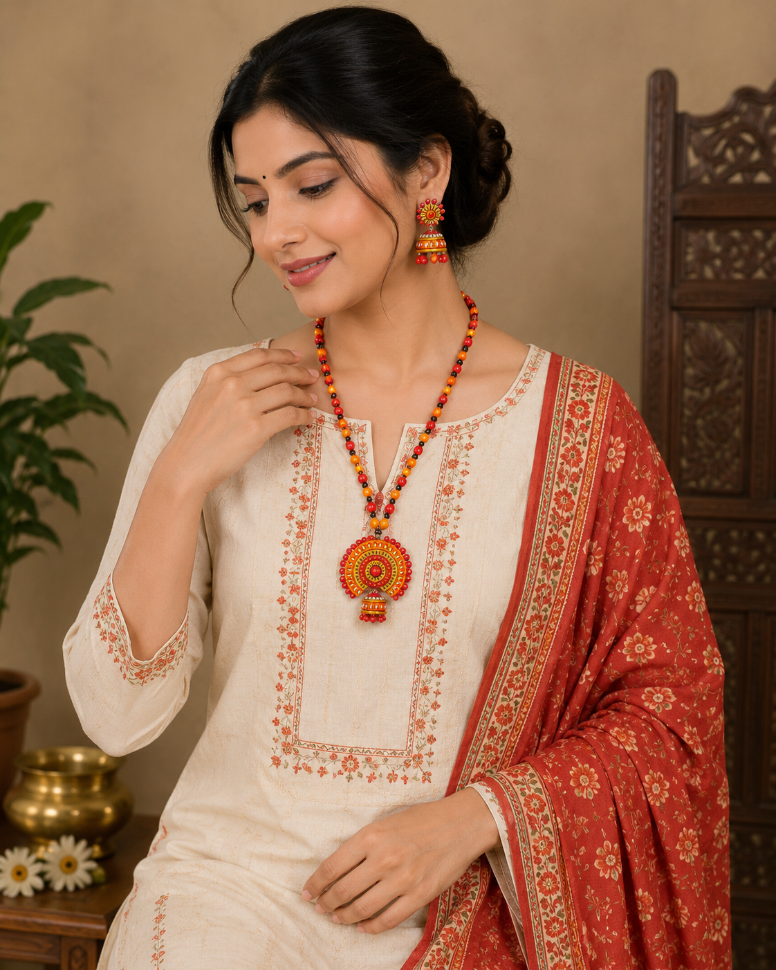 Multi-color Bankura Panchmura Terracotta Craft Necklace Jewellery Set