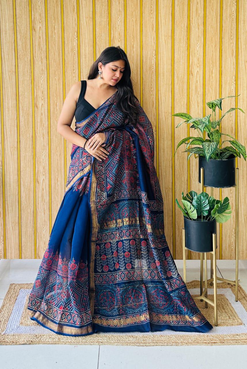 New Exclusive Traditional Hand Block Printed Maheswari Silk Saree With Blouse Piece