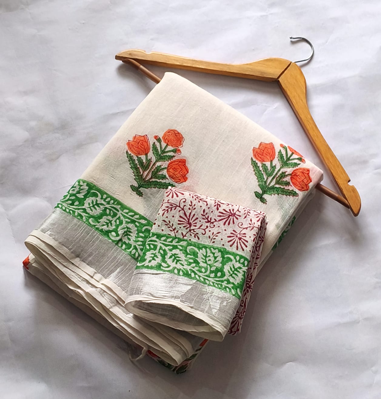 Bagru Hand Block Printed Linen Saree With Blouse