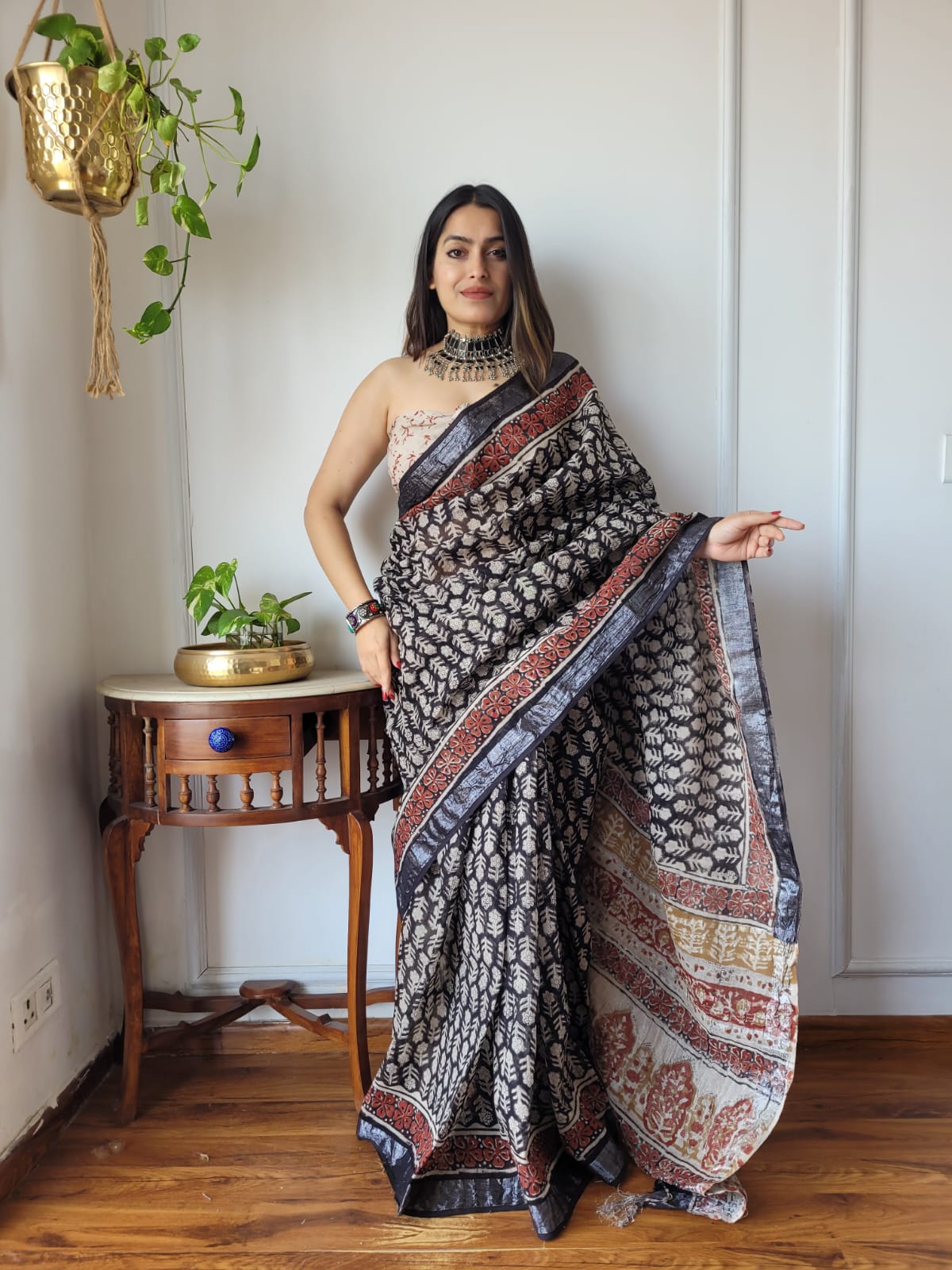 Bagru Hand Block Printed Linen Saree With Blouse