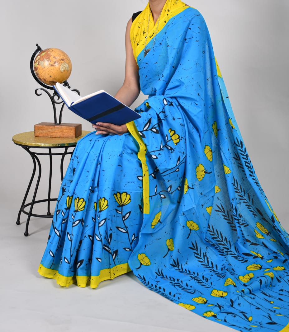 Bagru Natural Hand Block Print Cotton Mulmul Saree With Blouse Style 5