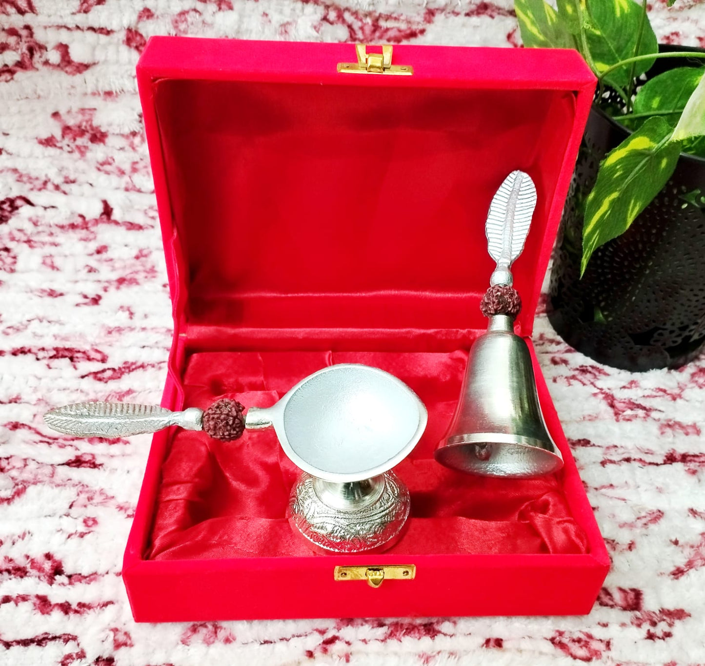 Brass Finish Red Gift Box 1 Bell 1 Diya