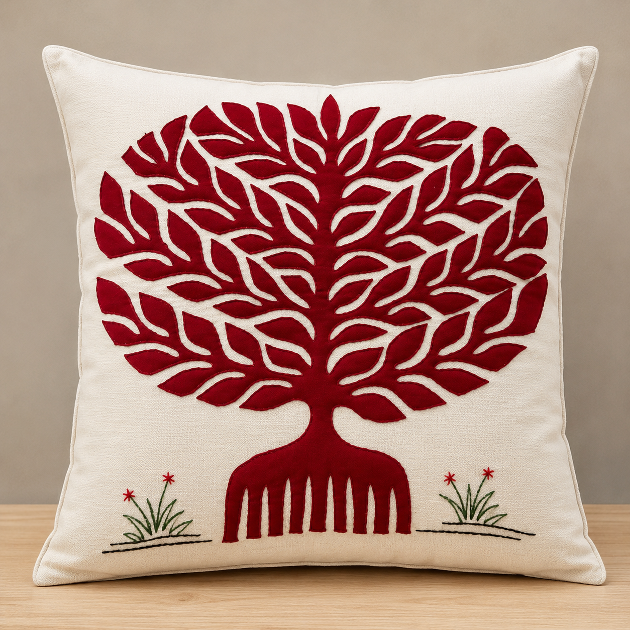 Red Banyan Tree Pipli Appliquie Cushion Cover Single Piece (16