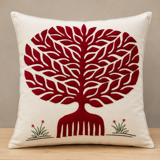 Red Banyan Tree Pipli Appliquie Cushion Cover Single Piece (16