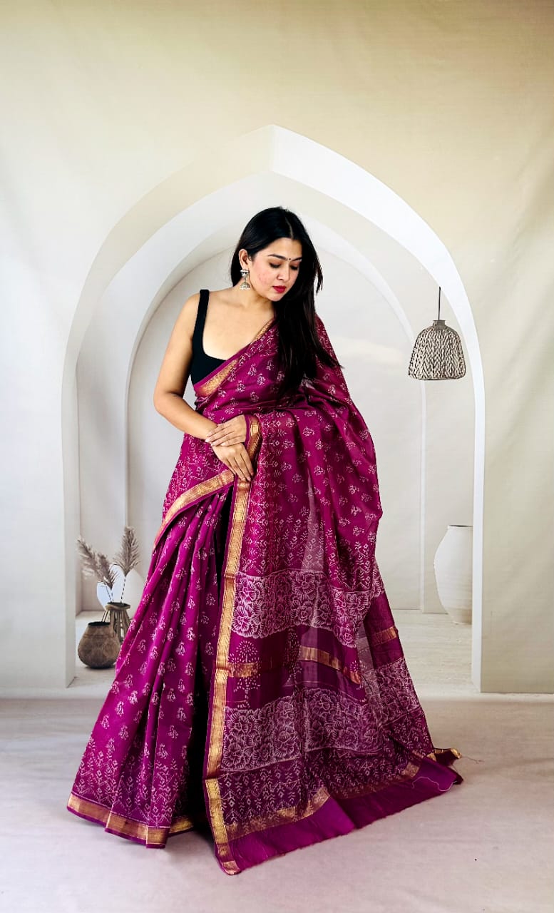 New Exclusive Traditional Hand Block Printed Maheswari Silk Saree With Blouse Piece