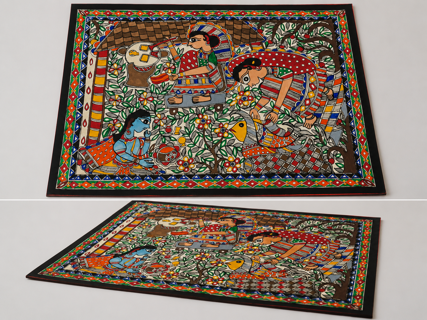 Krishna & Gopikas Cooking In Forest Madhubani Painting