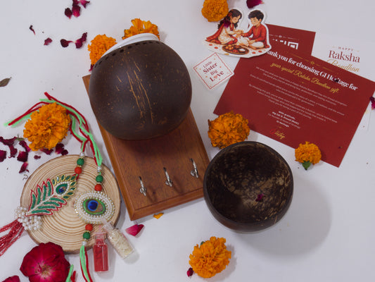 Coconut Shell Serveware Set with keyholder-Bhaiya-Bhabhi Rakhi Gift Hamper Combo 7