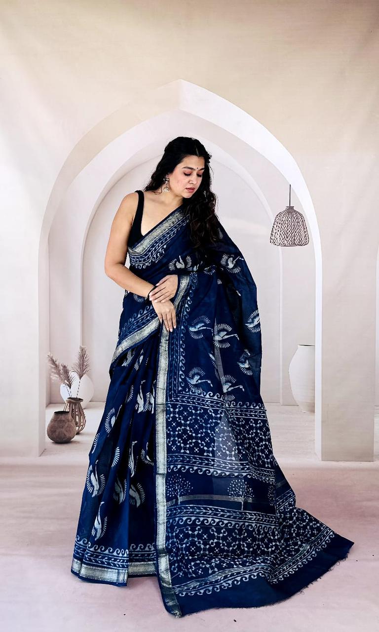 New Exclusive Traditional Hand Block Printed Maheswari Silk Saree With Blouse Piece