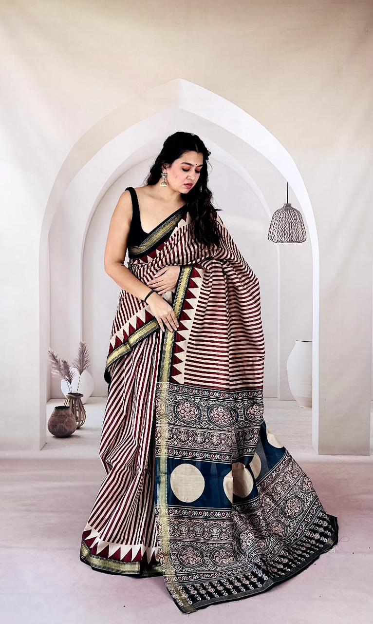New Exclusive Traditional Hand Block Printed Maheswari Silk Saree With Blouse Piece