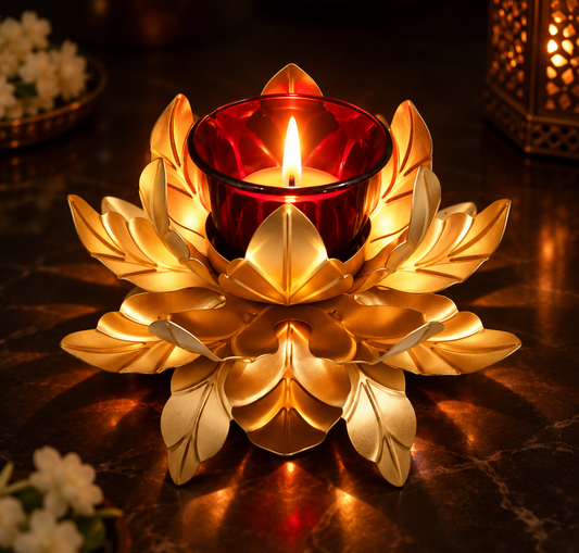 Moradabad Flower Tealight With Glass Wax Candle (Iron Made)