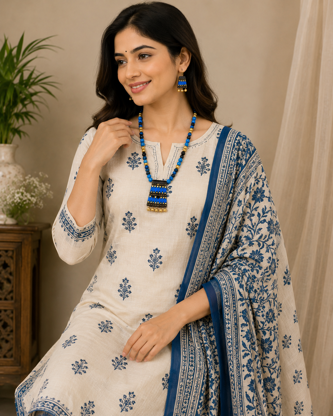 Blue & Brown Bankura Panchmura Terracotta Craft Necklace Jewellery Set