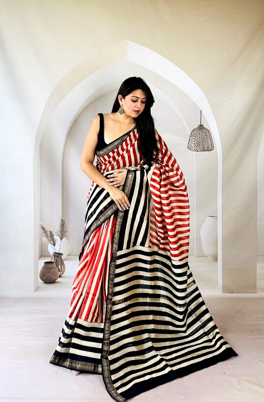 New Exclusive Traditional Hand Block Printed Maheswari Silk Saree With Blouse Piece