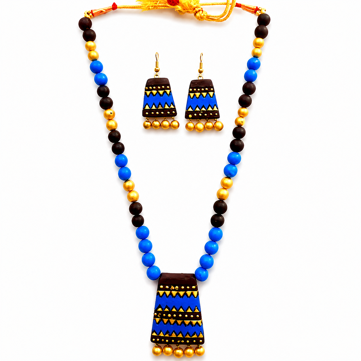 Blue & Brown Bankura Panchmura Terracotta Craft Necklace Jewellery Set