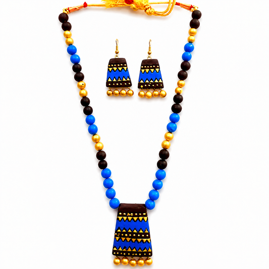 Blue & Brown Bankura Panchmura Terracotta Craft Necklace Jewellery Set