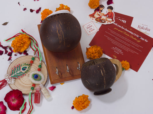 Coconut Shell Tea Set with keyholder Bhaiya-Bhabhi Rakhi Gift Hamper Combo 8