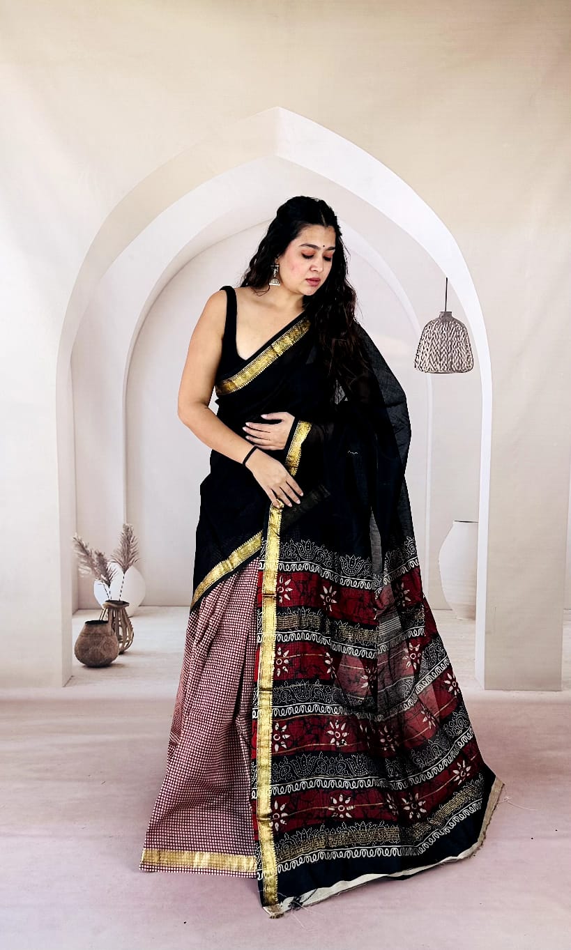 New Exclusive Traditional Hand Block Printed Maheswari Silk Saree With Blouse Piece