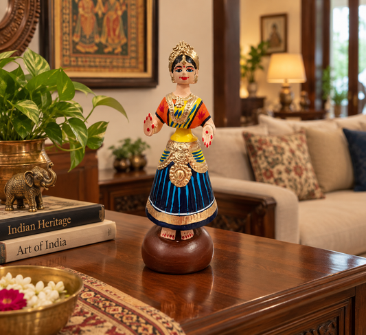 Tanjavur Dancing Doll : 11 Inch, Dark Blue-Yellow-Orange