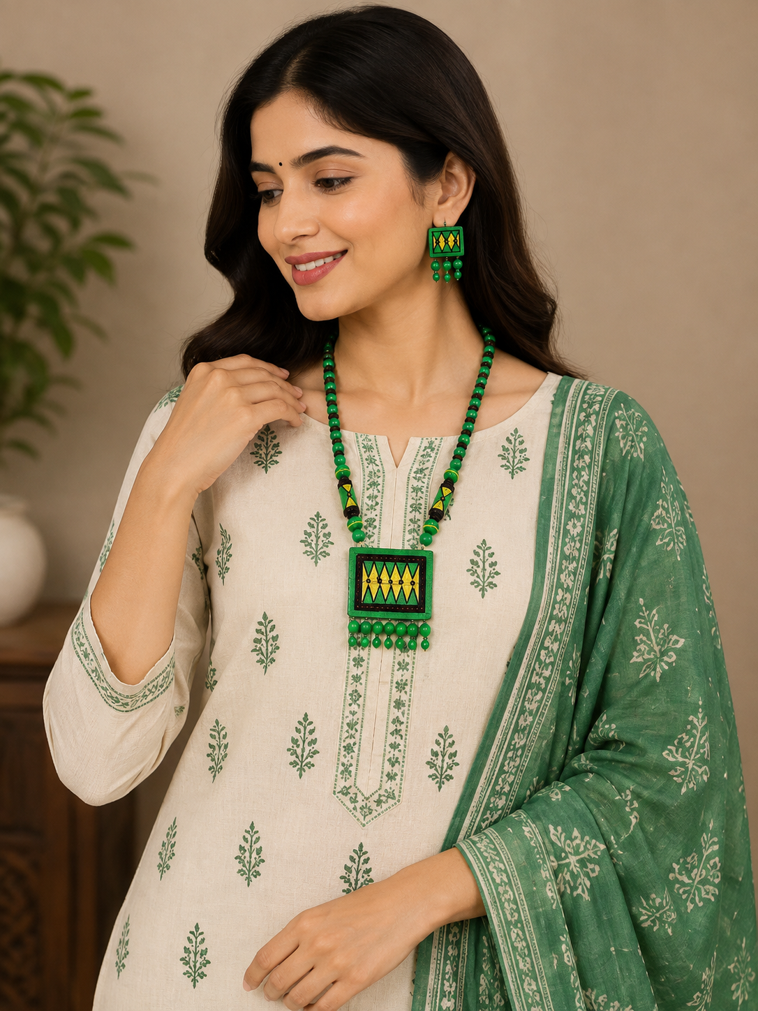 Green & Yellow Bankura Panchmura Terracotta Craft Necklace Jewellery Set