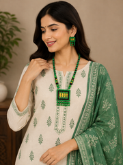 Green & Yellow Bankura Panchmura Terracotta Craft Necklace Jewellery Set