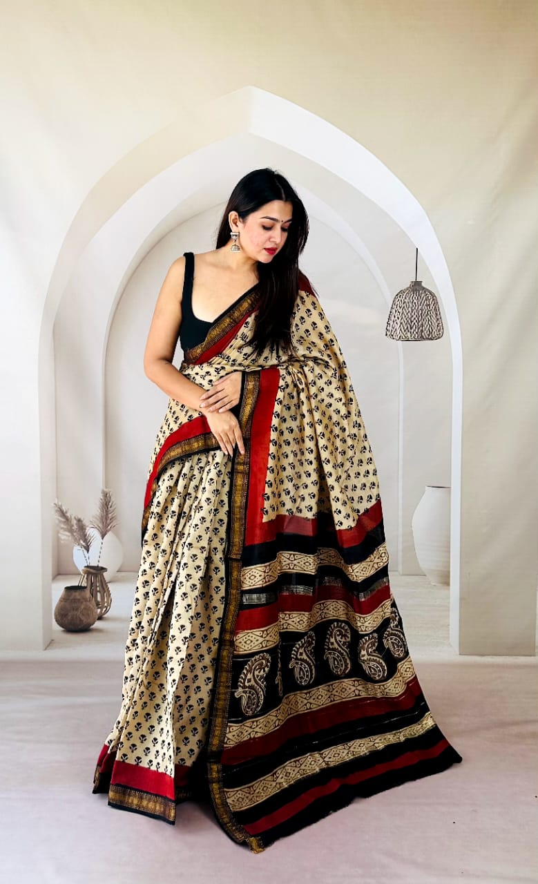 New Exclusive Traditional Hand Block Printed Maheswari Silk Saree With Blouse Piece