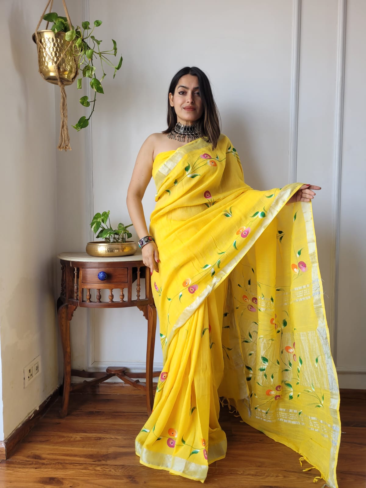 Bagru Hand Block Printed Linen Saree With Blouse