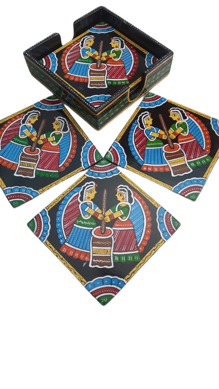 Beautiful Tikuli Art Four Coaster Set With Holder Square Shape