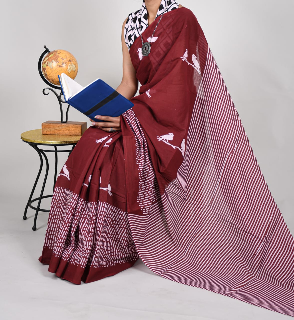 Bagru Natural Hand Block Print Cotton Mulmul Saree With Blouse Style 5