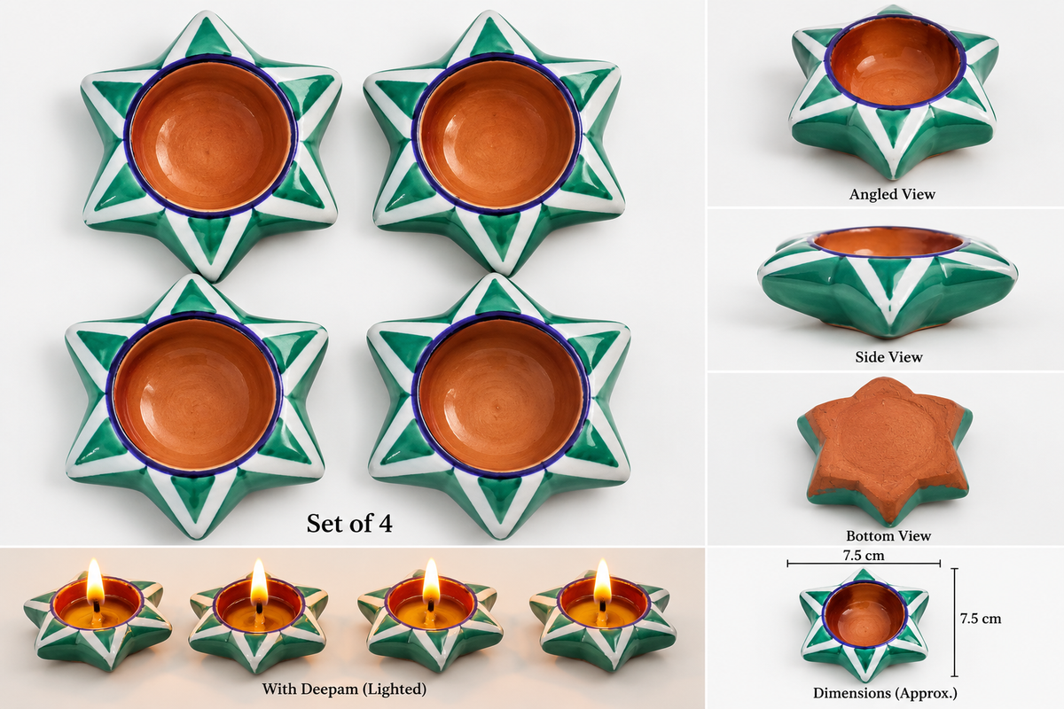 Handmade Beautiful Blue Pottery of Jaipur Star Shape Diya (Set of 4)