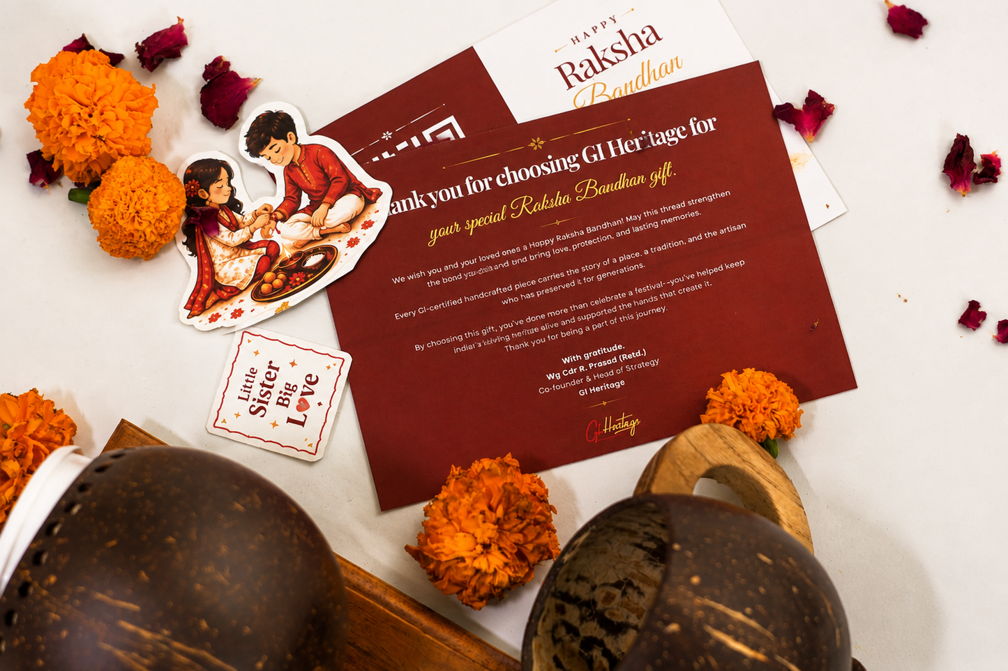 Coconut Shell Tea Set with keyholder Bhaiya-Bhabhi Rakhi Gift Hamper Combo 8