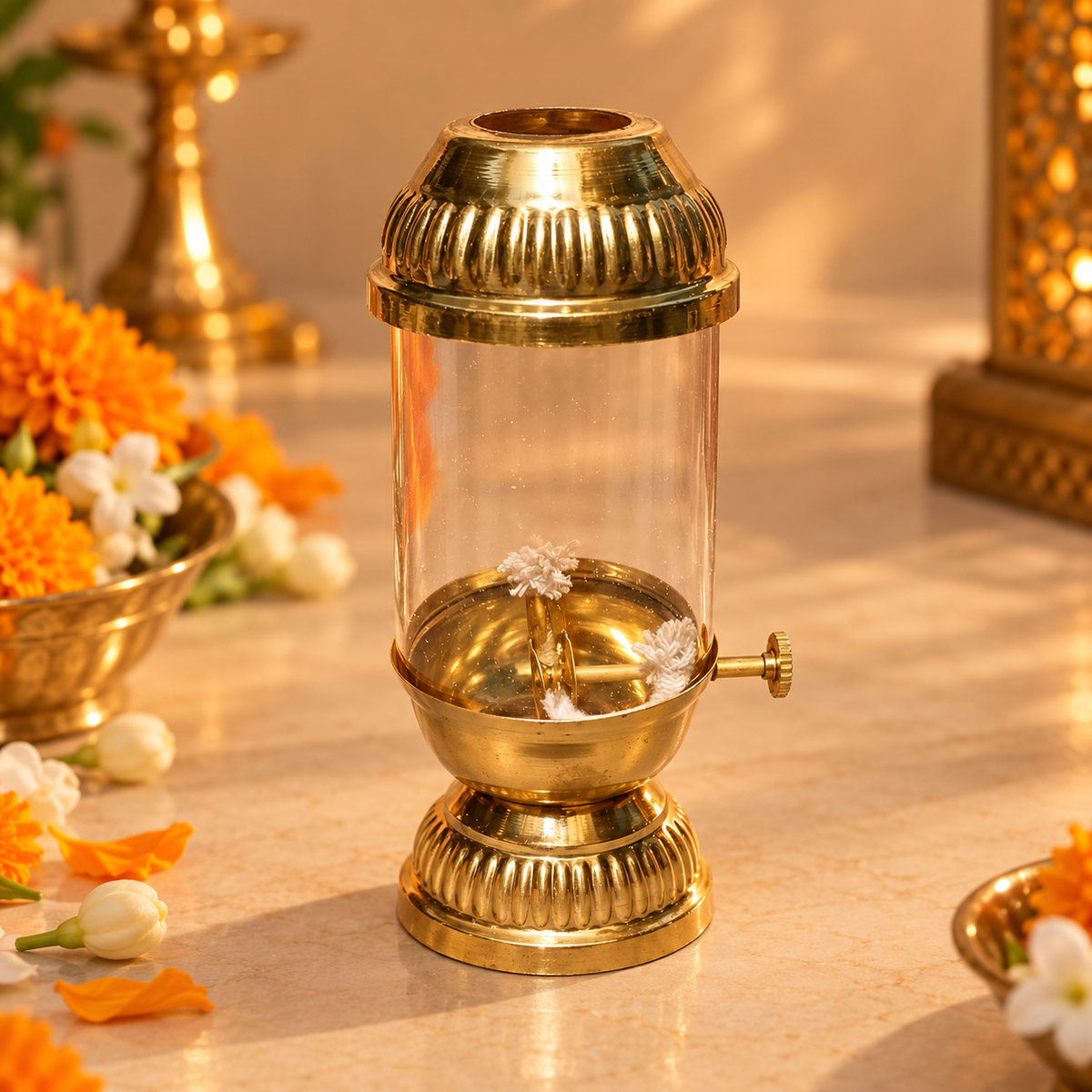 Akhand Jyot | Moradabad Brass Oil Lamp with Glass Cover, 6 Inch
