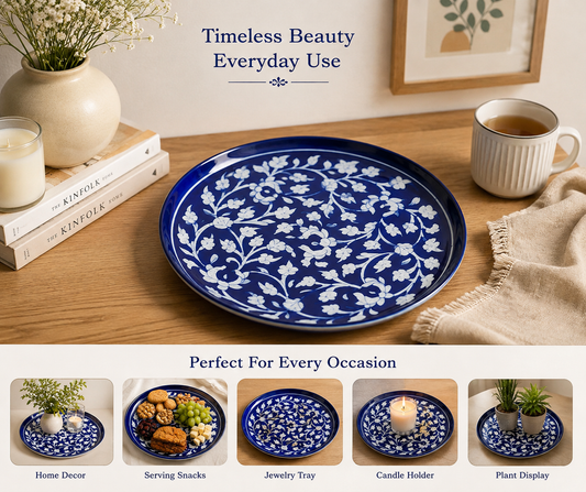 Handmade Blue Colour Plate With Flower Design Blue Pottery Of Jaipur