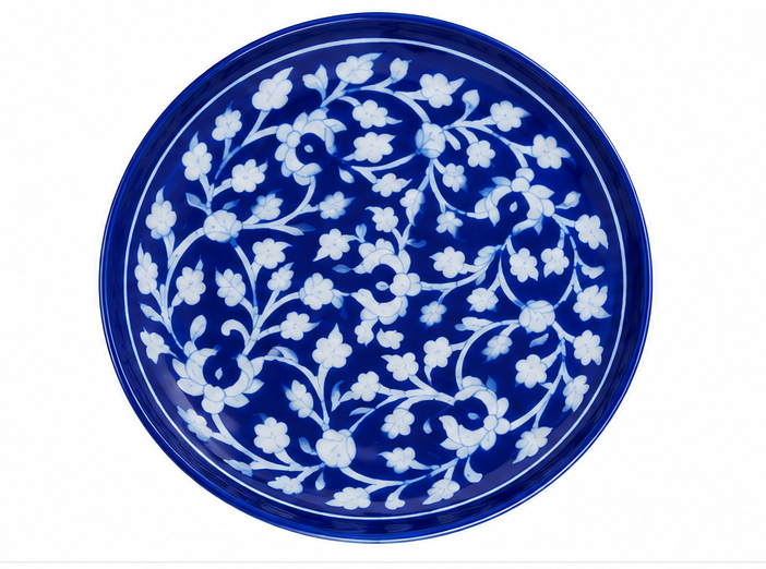 Handmade Blue Colour Plate With Flower Design Blue Pottery Of Jaipur
