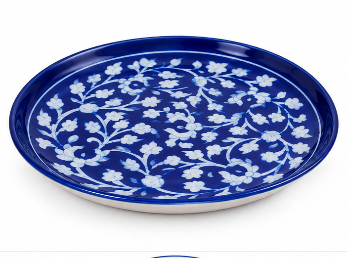 Handmade Blue Colour Plate With Flower Design Blue Pottery Of Jaipur