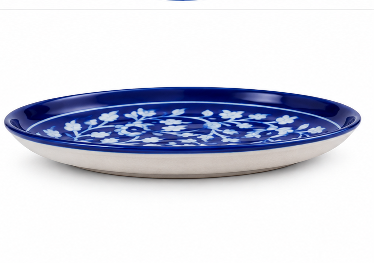 Handmade Blue Colour Plate With Flower Design Blue Pottery Of Jaipur