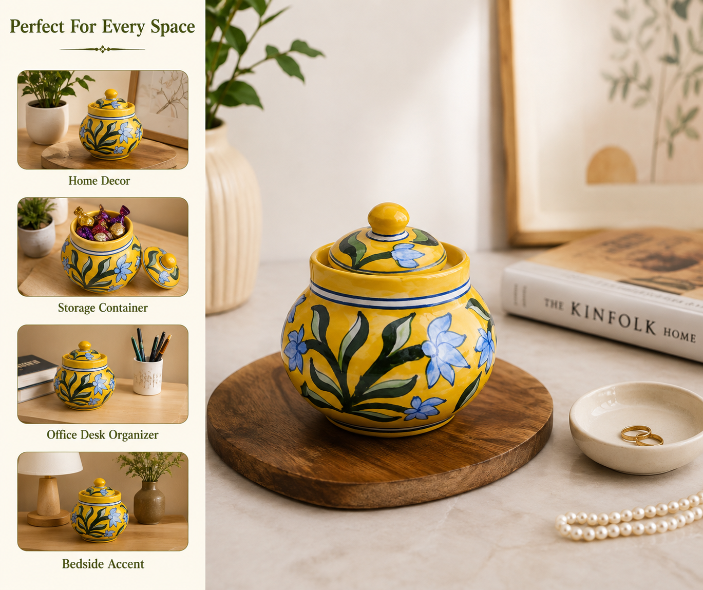 Elegant Yellow Colour Dekchi With Flower Design Blue Pottery Of Jaipur