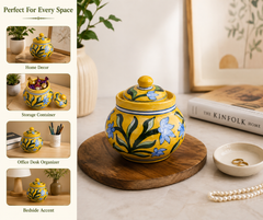 Elegant Yellow Colour Dekchi With Flower Design Blue Pottery Of Jaipur