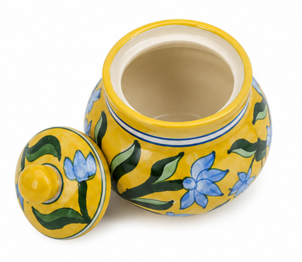 Elegant Yellow Colour Dekchi With Flower Design Blue Pottery Of Jaipur