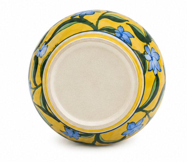 Elegant Yellow Colour Dekchi With Flower Design Blue Pottery Of Jaipur