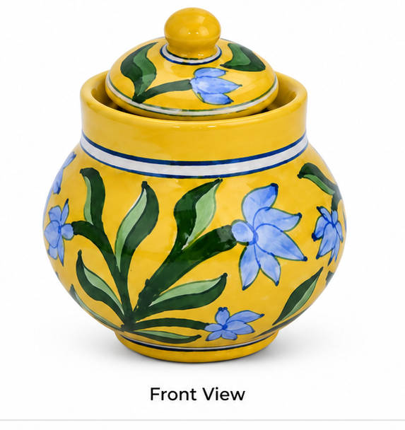 Elegant Yellow Colour Dekchi With Flower Design Blue Pottery Of Jaipur