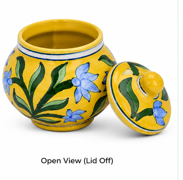 Elegant Yellow Colour Dekchi With Flower Design Blue Pottery Of Jaipur