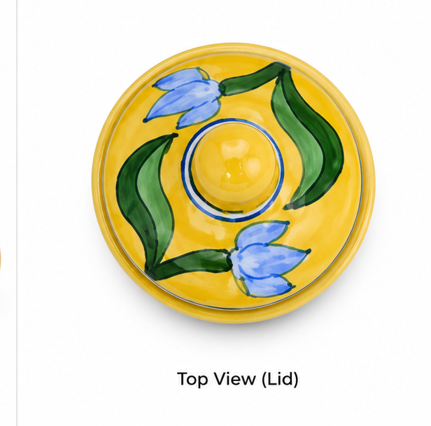Elegant Yellow Colour Dekchi With Flower Design Blue Pottery Of Jaipur