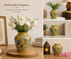 Latest Elegant Handmade Yellow Colour Handi vase With Flower Design Blue Pottery Of Jaipur