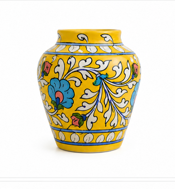 Latest Elegant Handmade Yellow Colour Handi vase With Flower Design Blue Pottery Of Jaipur