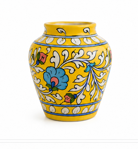 Latest Elegant Handmade Yellow Colour Handi vase With Flower Design Blue Pottery Of Jaipur
