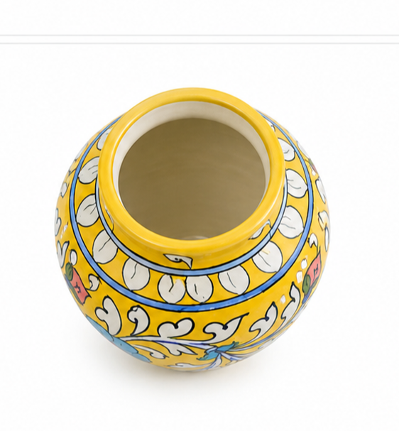 Latest Elegant Handmade Yellow Colour Handi vase With Flower Design Blue Pottery Of Jaipur