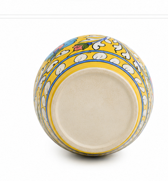 Latest Elegant Handmade Yellow Colour Handi vase With Flower Design Blue Pottery Of Jaipur